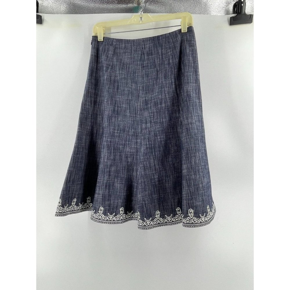 OSCAR DE LA RENTA Gray Denim Look Skirt Embroidered Hem Ruffle A Line Size 4 - Picture 4 of 13
